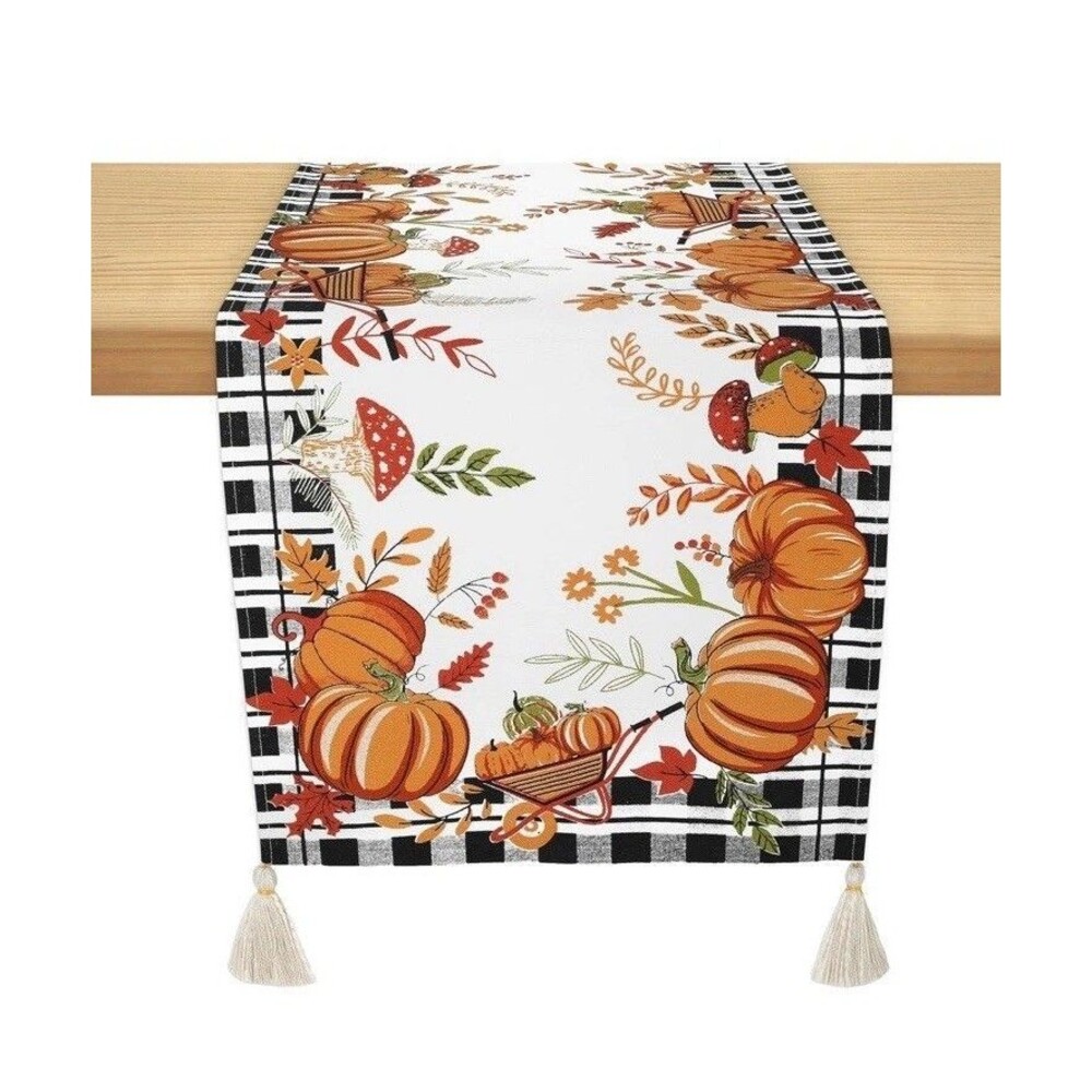Fall Table Runner 14inx72in Harvest Garden Pumpkin Mushroom W/ Tassels Farmhouse